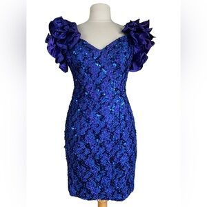 Vintage 80s Zum Zum Blue Sequin Ruffle Sleeves Party Mini Dress